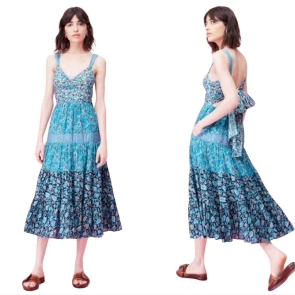 Rebecca Taylor La Vie Print Mix Floral Tie Back Boho Midi Dress In Blue Sz XL - Picture 3 of 12